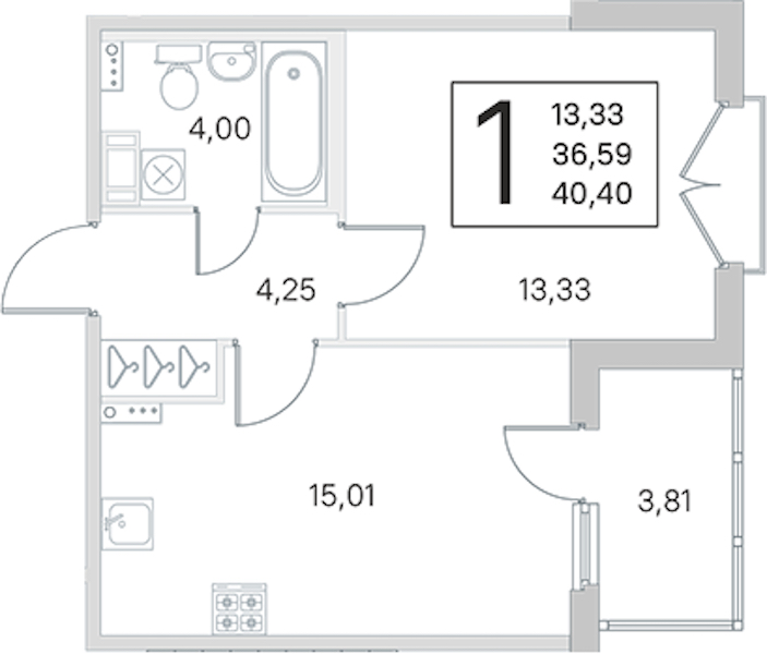 1-комнатная квартира 36.59 м², 4/4 эт., ЖК «Любоград в Стрельне»